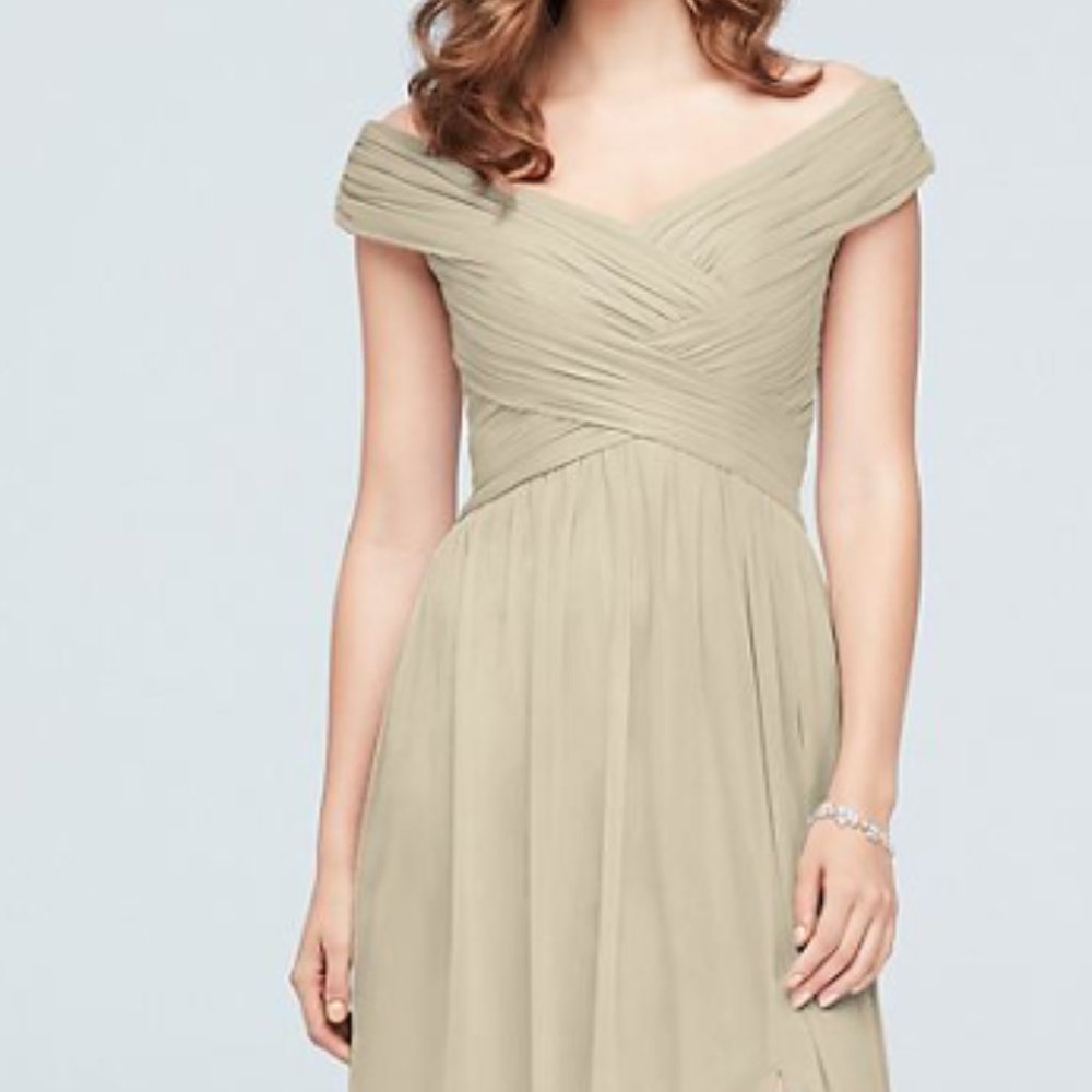David's Bridal; Crisscross Off-the-Shoulder Mesh Bridesmaid Dress; Champagne; 10